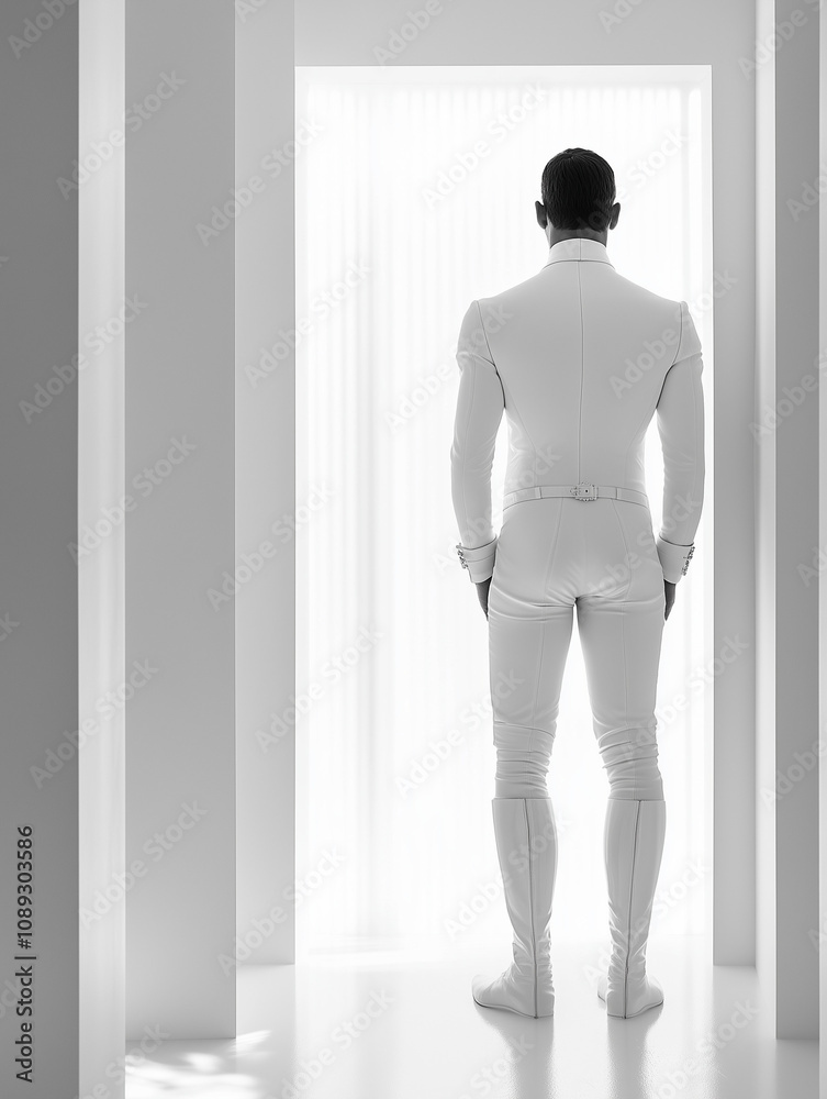 Fototapeta premium Futuristic men's fashion style in white posed by a male model