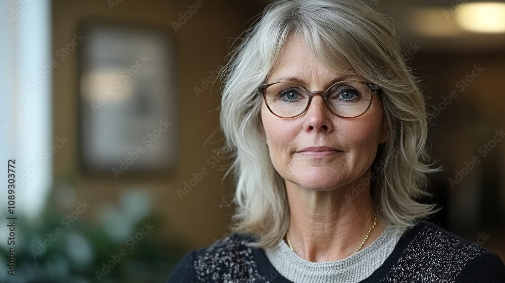 Woman with silver hair and glasses poses for a portrait in an indoor setting with soft lighting. Generative AI Woman with silver hair and glasses poses for a portrait in an indoor setting with soft lighting. Generative AI
