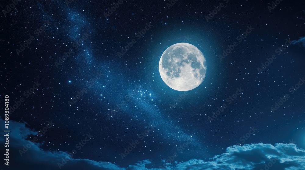 Majestic full moon glowing in a star-filled sky, illuminating a dramatic cosmic scene, symbolizing the wonder of space exploration. Majestic full moon glowing in a star-filled sky, illuminating a dramatic cosmic scene, symbolizing the wonder of space exploration.