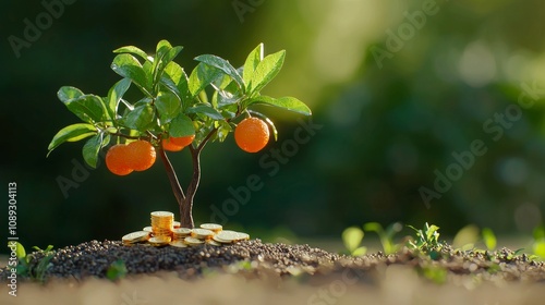 Growing wealth symbolic tree with coins outdoor setting business concept nature environment close-up viewpoint