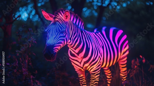 Neon Zebra in the Night Forest: A Vibrant Wildlife Encounter