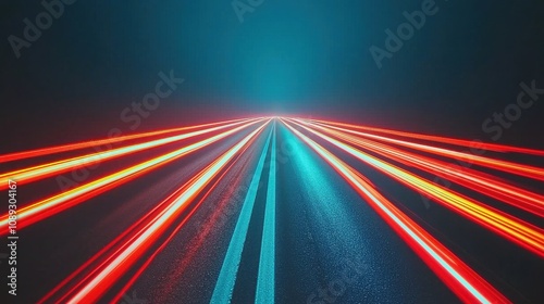 Foggy night drive urban road light trails mysterious atmosphere low angle view motion
