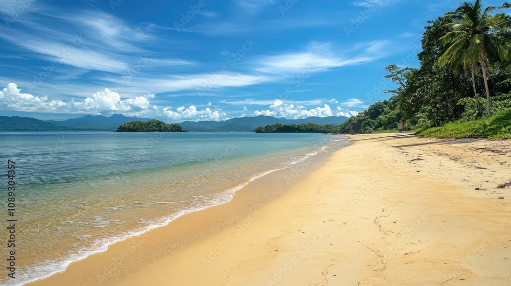 Scenic tropical beach featuring golden sand, lush greenery, and a vibrant blue sky with clouds, creating a perfect summer landscape. Scenic tropical beach featuring golden sand, lush greenery, and a vibrant blue sky with clouds, creating a perfect summer landscape.
