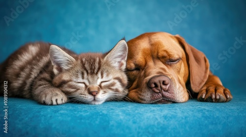 Tabby kitten and brown dog peacefully sleeping together on a soft blue background with plenty of empty space for text or design elements.