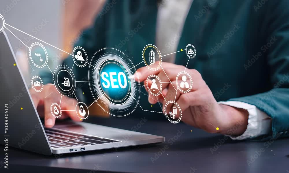 IT employee working on computer, close-up. Businessman in front of laptop for SEO search engine optimization analysis. Concept: website traffic ranking and search engines.