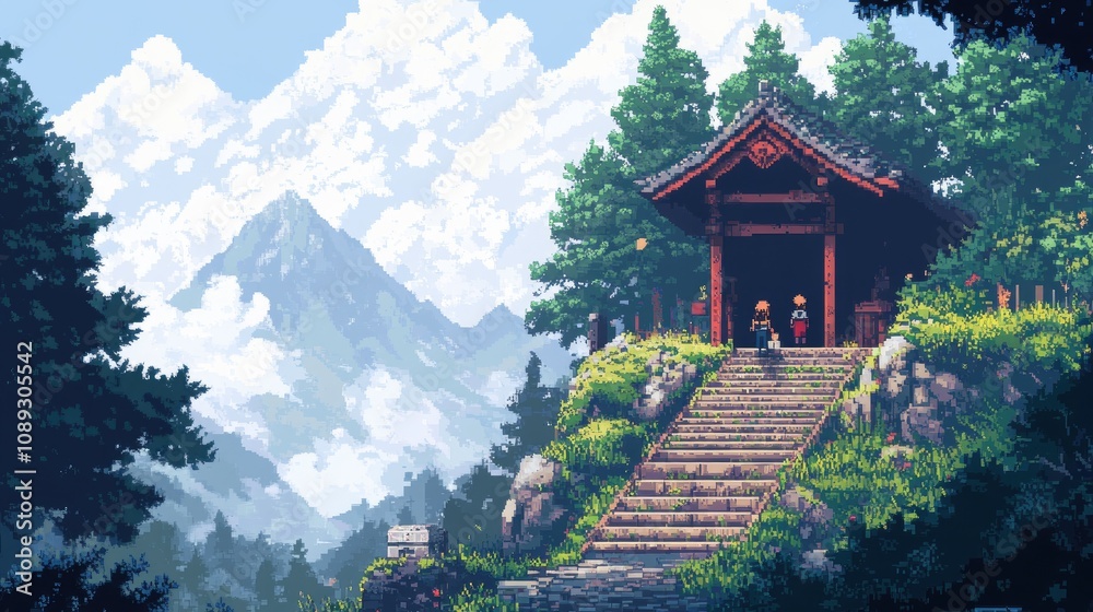 Retro 8-bit anime-style mountain shrine with characters climbing the stairs, surrounded by fog and trees. Retro 8-bit anime-style mountain shrine with characters climbing the stairs, surrounded by fog and trees.