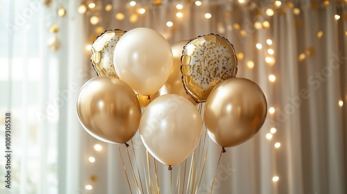 Gold helium balloons for a seventeenth birthday or anniversary celebration, featuring a festive backdrop with twinkling lights.