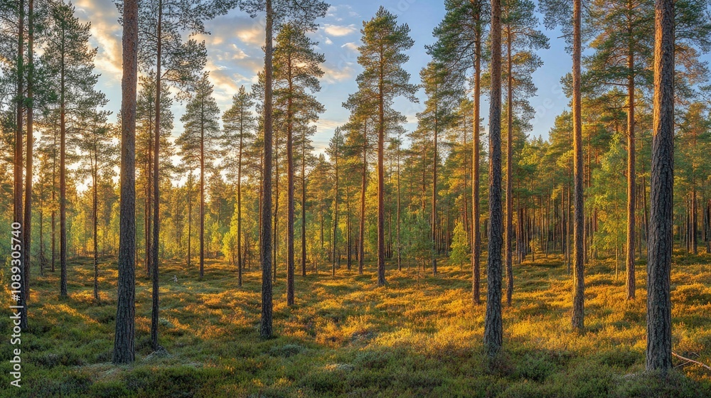 Towering pine trees in a tranquil forest, viewed from an ant's perspective, bathed in warm golden sunlight with soft greenery underfoot. Towering pine trees in a tranquil forest, viewed from an ant's perspective, bathed in warm golden sunlight with soft greenery underfoot.