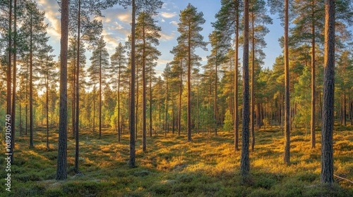 Towering pine trees in a tranquil forest, viewed from an ant's perspective, bathed in warm golden sunlight with soft greenery underfoot.