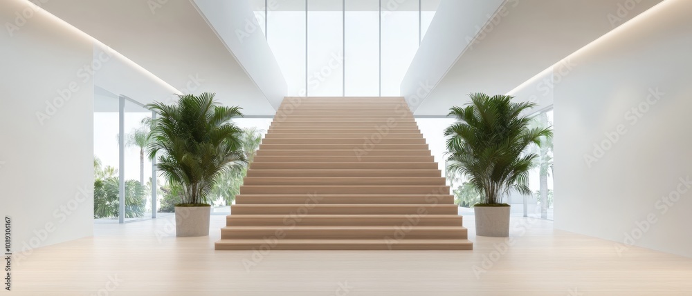 modern interior design featuring a spacious staircase and greenery modern interior design featuring a spacious staircase and greenery