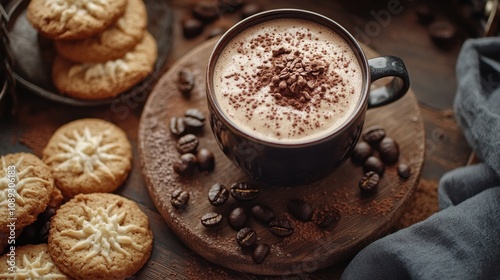 Inviting breakfast scene featuring a top view of a hot chocolate cup topped with chocolate shavings, surrounded by coffee beans and freshly baked cookies. photo