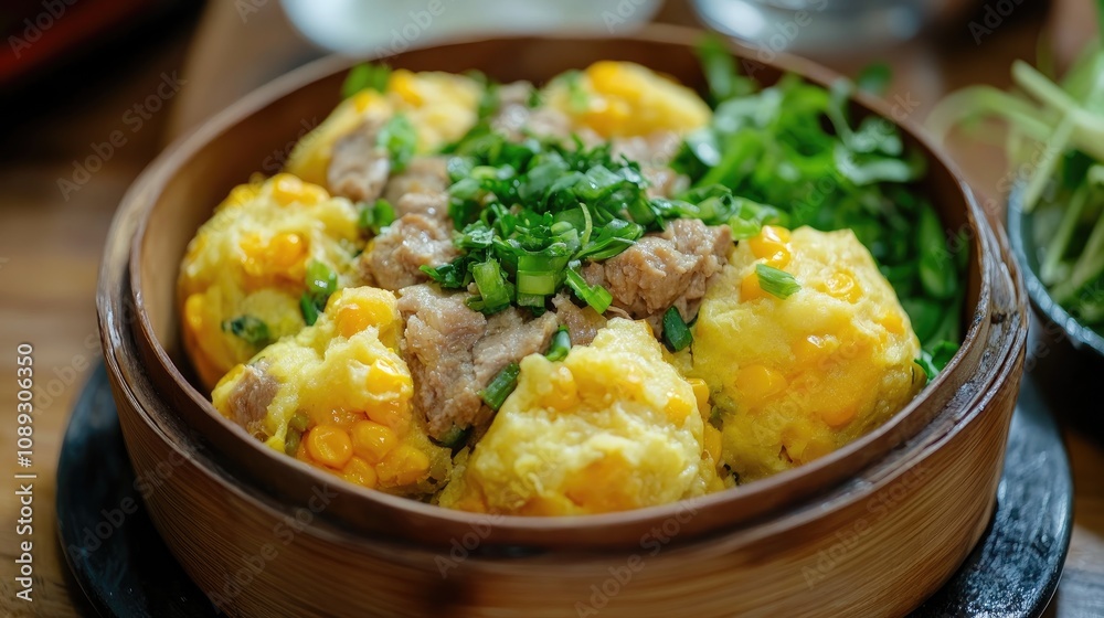 Steamed Corn Dough Dumplings Filled with Savory Meat and Fresh Vegetables Topped with Chopped Green Onions Steamed Corn Dough Dumplings Filled with Savory Meat and Fresh Vegetables Topped with Chopped Green Onions