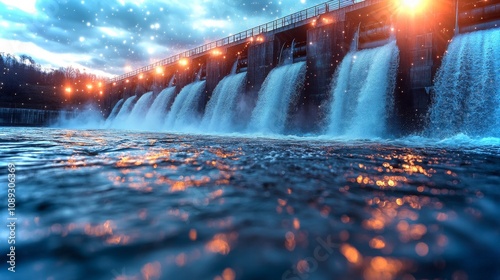 A close-up view of a hydroelectric dam releasing water during twilight hours