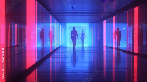 Futuristic encounter in neon corridor urban space digital art high-tech environment abstract viewpoint conceptual exploration