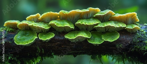 Green and Yellow Mushrooms on a Branch photo