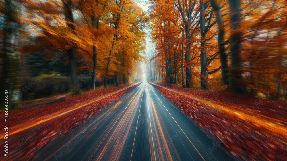 Blurred autumn road, vibrant foliage, fast driving. Blurred autumn road, vibrant foliage, fast driving.