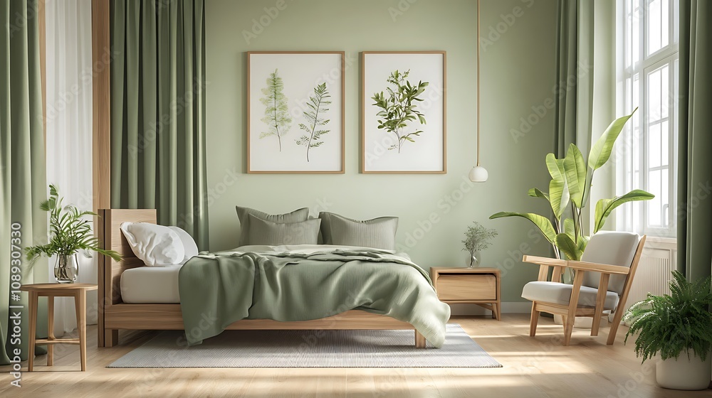 Fototapeta premium Elegant and Cozy Modern Bedroom Interior Design with Stylish Decor, mockup, poster and Background