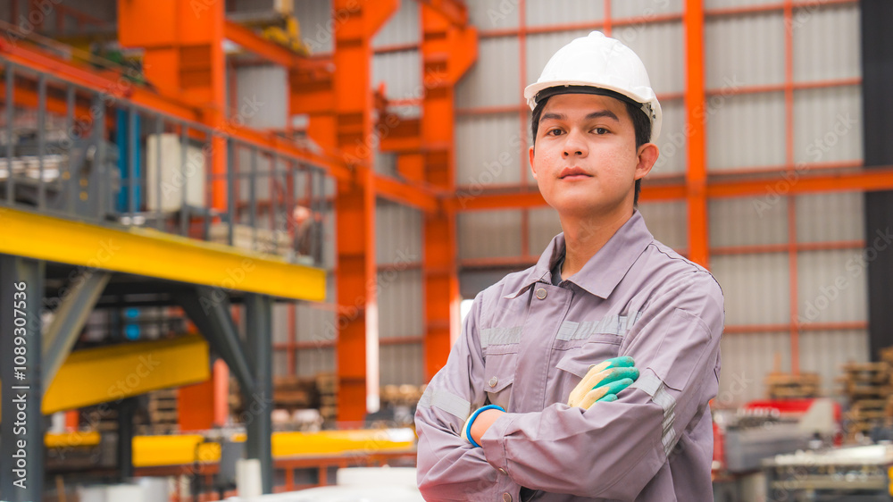 A confident and good looking male engineer wearing a white helmet while working in factory or manufacturing, working in an industrial facility. warehouse job, industry site manager. A confident and good looking male engineer wearing a white helmet while working in factory or manufacturing, working in an industrial facility. warehouse job, industry site manager.