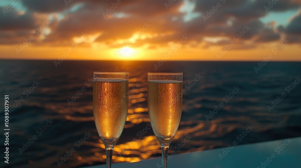 Champagne toasting with sunset backdrop over the ocean on a cruise, highlighting two glasses filled with bubbly against a vibrant sky. Champagne toasting with sunset backdrop over the ocean on a cruise, highlighting two glasses filled with bubbly against a vibrant sky.
