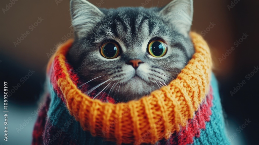 Fototapeta premium Scottish Fold cat with large eyes snug in a colorful knitted sweater, preparing for the cozy winter season with a charming expression.
