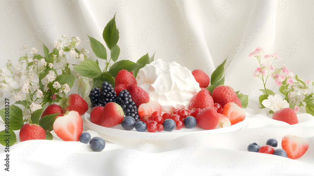 Fresh berries and whipped cream arranged elegantly with flowers Fresh berries and whipped cream arranged elegantly with flowers