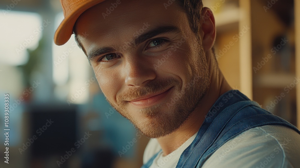 Naklejka premium Friendly technician in work overalls smiling warmly, exuding positivity and approachability in a well-lit, workshop-like environment.