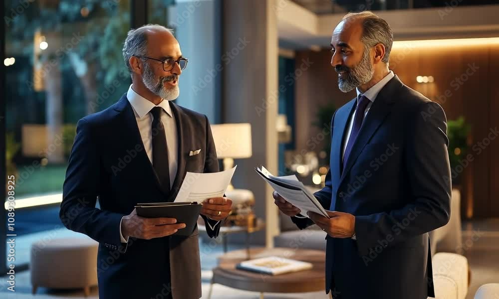 Two businessmen in suits having a discussion while holding files. Two businessmen in suits having a discussion while holding files.
