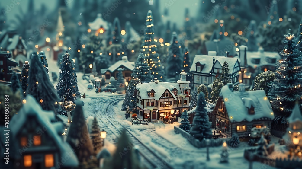 Obraz premium A charming winter village scene with snow-covered houses, trees, and warm lights, evoking a festive holiday atmosphere.
