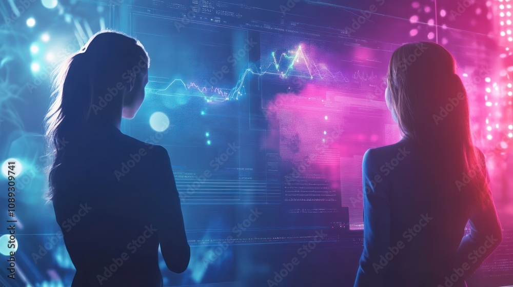 Data Analysis: Two Businesswomen Studying Financial Charts on a Futuristic Screen Data Analysis: Two Businesswomen Studying Financial Charts on a Futuristic Screen