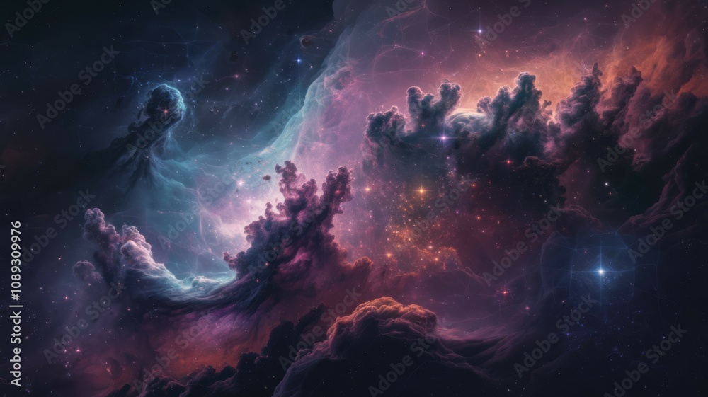 Fototapeta premium Cosmic nebula cloudscape. Vibrant nebula swirls, cosmic dust, and starlight create a breathtaking celestial landscape. Symbolizes vastness and wonder.