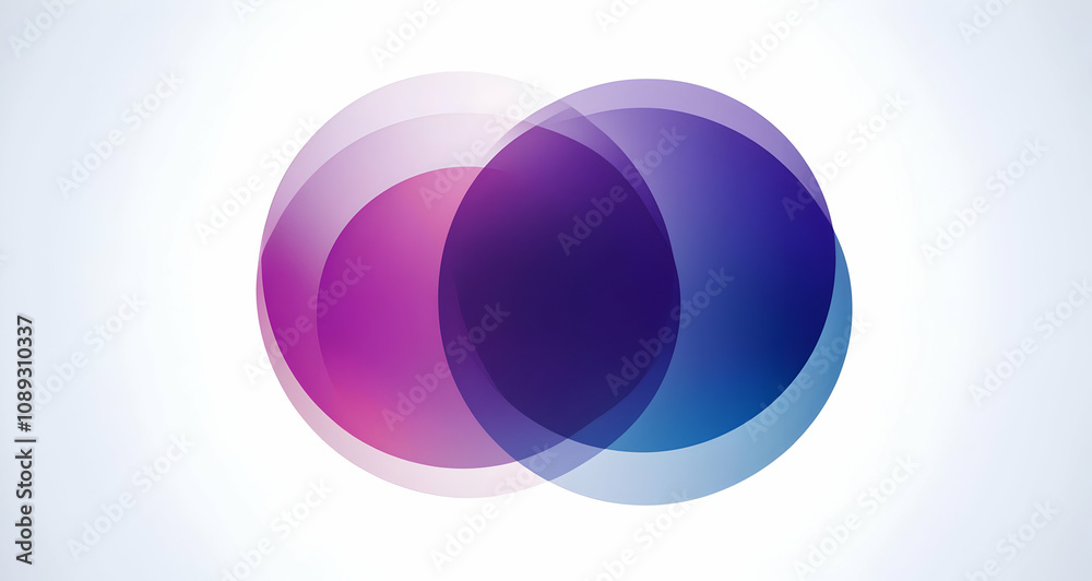 Abstract image of overlapping translucent circles in shades of purple and blue on a white background. Abstract image of overlapping translucent circles in shades of purple and blue on a white background.
