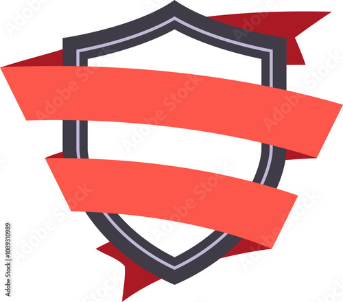 Two red ribbons wrapping a blank shield symbolize security, protection, and achievement, creating a versatile emblem suitable for various uses