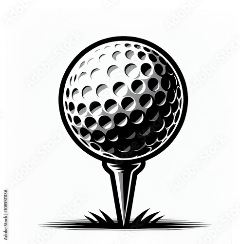 Isolated black and white vector illustration of a golf ball placed on a tee on a white background.