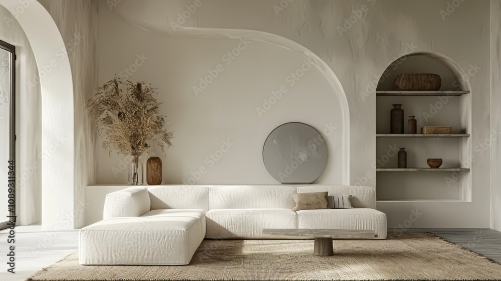 Fototapeta premium Wall mockup in nomadic boho interior background with rustic decor