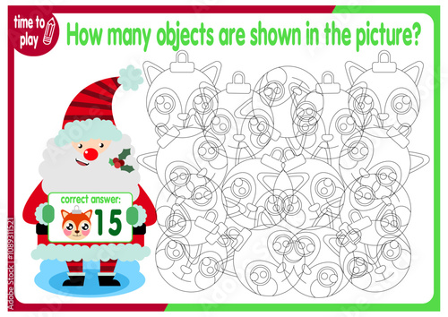 Count how many objects are hidden in the picture. Educational game for children. Colorful cartoon characters. Funny vector illustration. New Year. Christmas	
