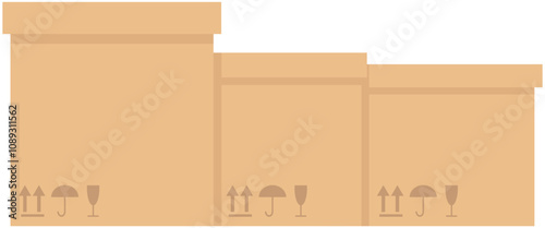 Brown cardboard and paper packaging box. Shipping carton open and closed box with breakable signs for parcel packaging template, transporting goods, delivery and transportation background.