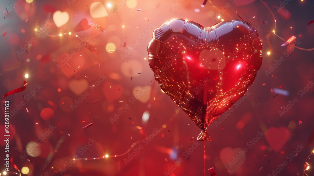 Red heart balloon surrounded by confetti during a festive celebration Red heart balloon surrounded by confetti during a festive celebration