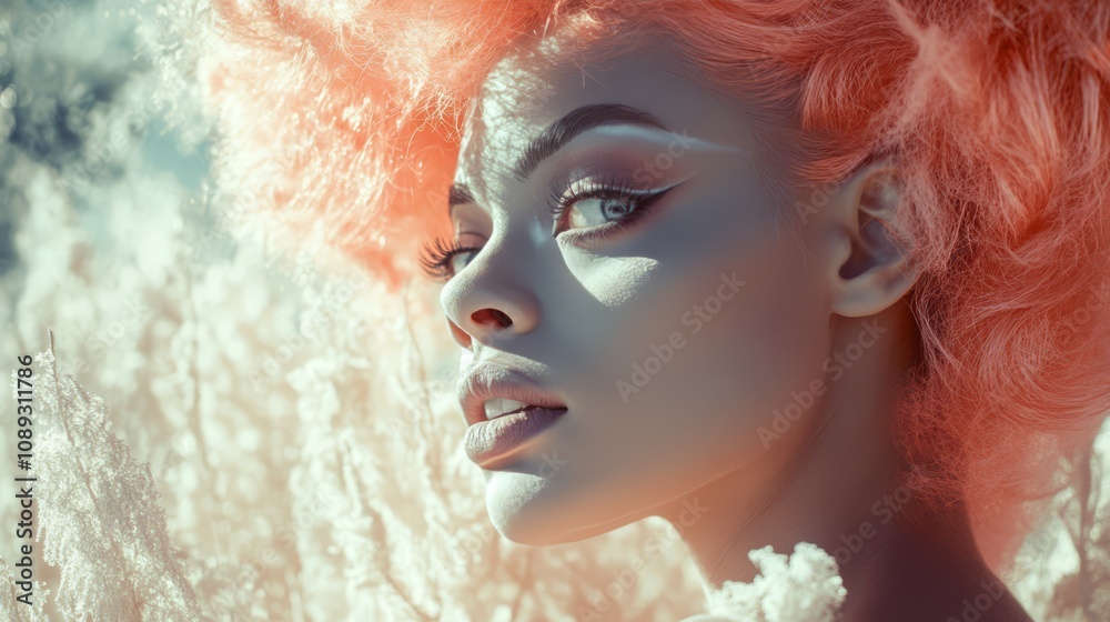 Obraz premium Woman with bright orange hair, ethereal makeup, looking away.