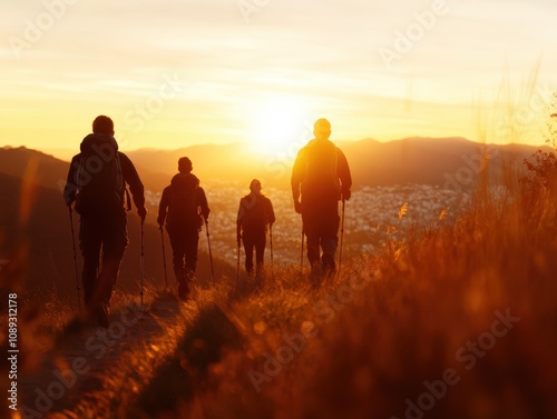 group of hikers walking towards a sunset on a mountain trail