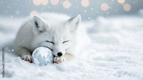 Adorable Arctic Fox Nuzzling Tiny Frosted Globe in Serene Snowy Landscape