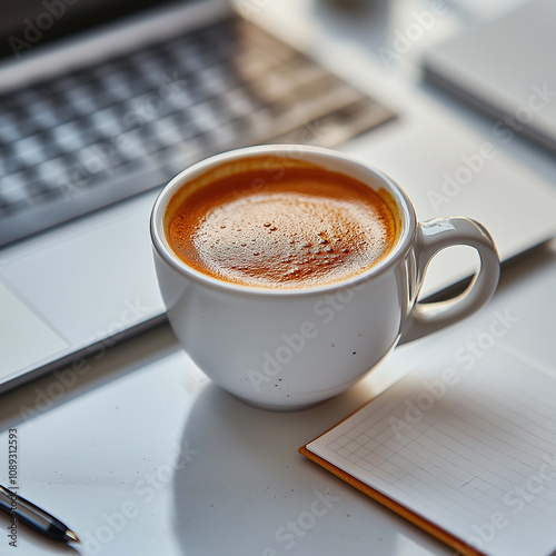 white coffee cup filled with rich espresso sits on desk beside laptop and notepad, creating cozy workspace atmosphere