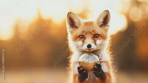 Curious Red Fox Kit Grasping Shimmering Globe in Natural Setting