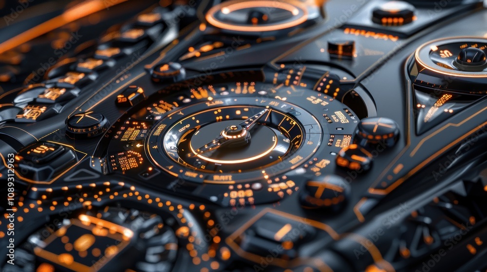Fototapeta premium Futuristic technological control panel with glowing orange accents.