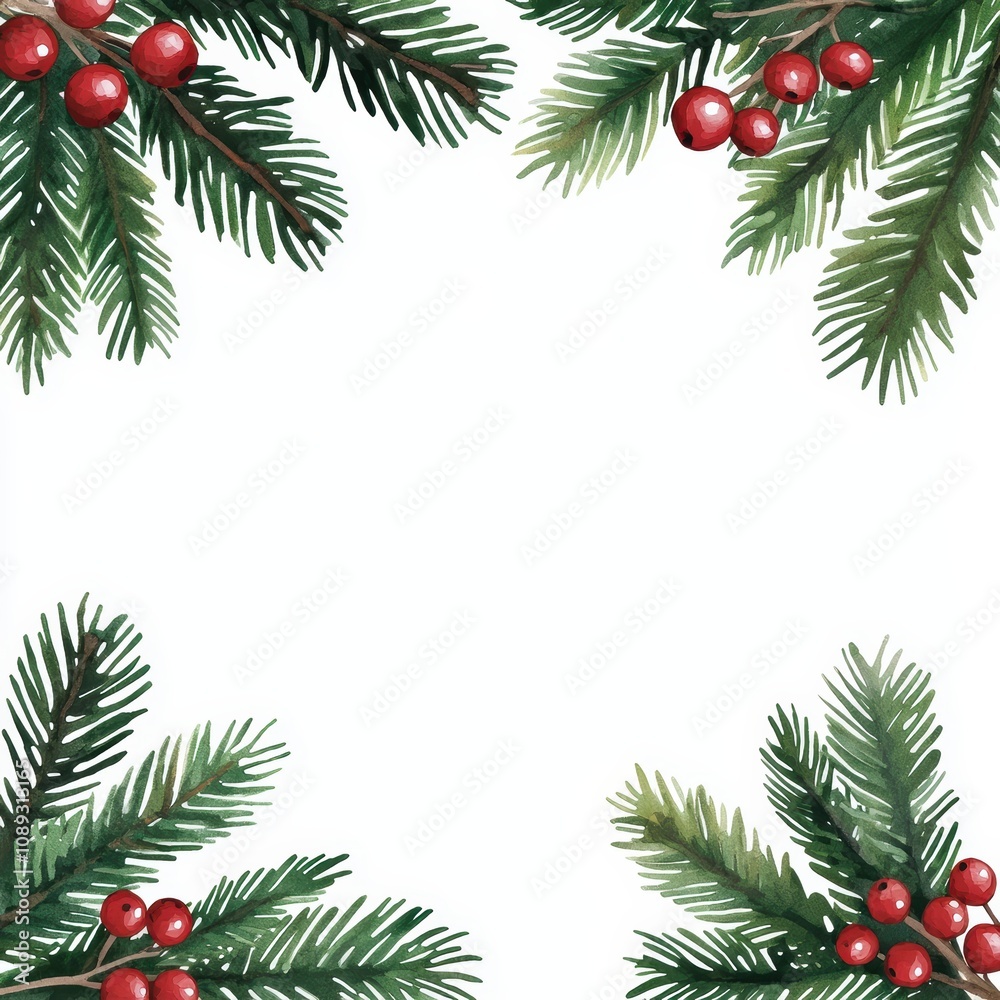 A watercolor painting of a Christmas tree with red berries and green leaves A watercolor painting of a Christmas tree with red berries and green leaves