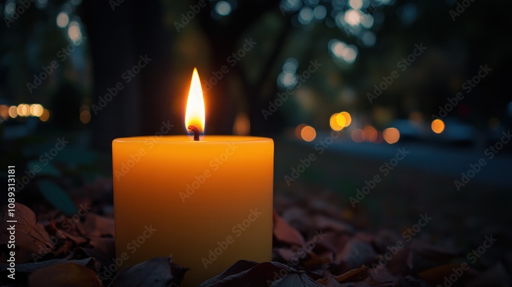 Lit candle on autumn leaves at night. Lit candle on autumn leaves at night.
