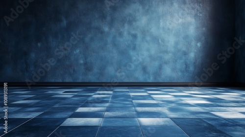 Dark blue checkered tile floor and textured wall with a spotlight in a room.