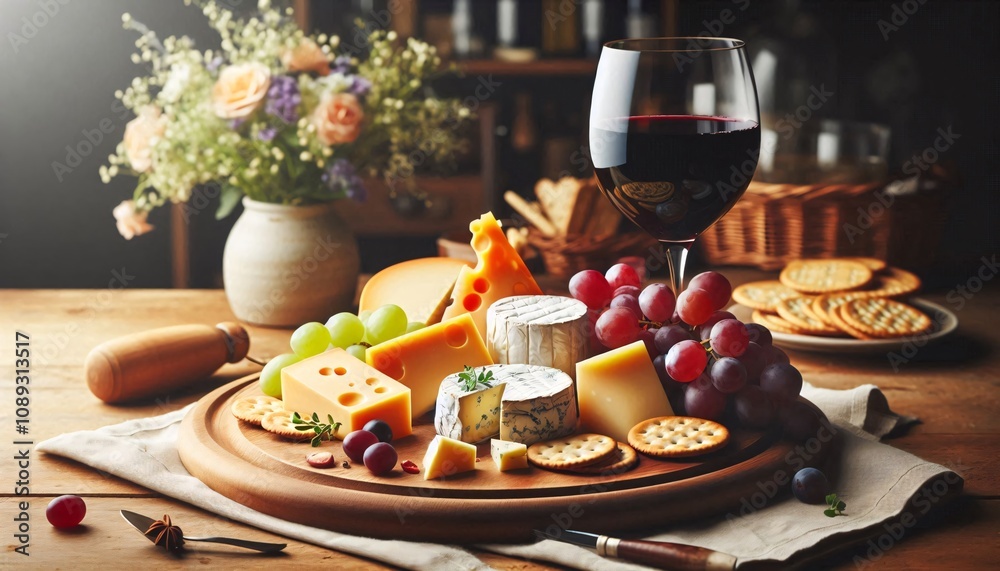 Various cheeses, grapes, nuts and wine on a wooden background Various cheeses, grapes, nuts and wine on a wooden background