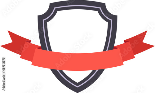 Grey shield with a red ribbon symbolizes security, trust, and protection, perfect for business branding and marketing.