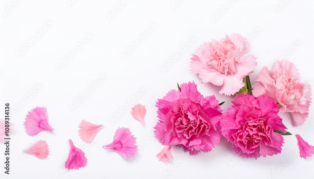 Closeup of Blooming Dianthus Flowers and Petals Isolated on White Background. Top View of Flower with Empty Space. Closeup of Blooming Dianthus Flowers and Petals Isolated on White Background. Top View of Flower with Empty Space.