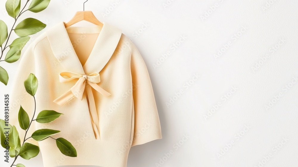 Sustainable fashion and revolution concept. A soft, cream-colored blouse with a bow detail hangs against a light wall, complemented by green leaves nearby Sustainable fashion and revolution concept. A soft, cream-colored blouse with a bow detail hangs against a light wall, complemented by green leaves nearby